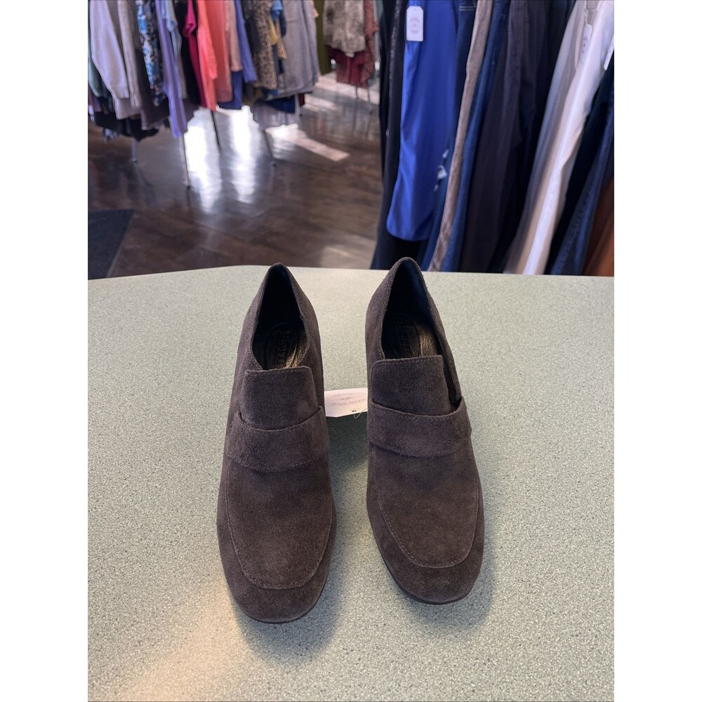 Born Booties Women's 7.5 Shoes Slip On Loafers 3" Heels Gray Suede Leather Block